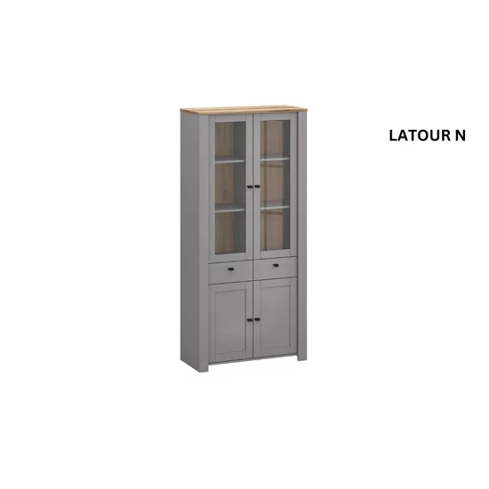 Set living Latour, vitrine, comodă TV și etajere incluse, PAL melaminat rezistent, design elegant, stejar/gri mat picture - 2