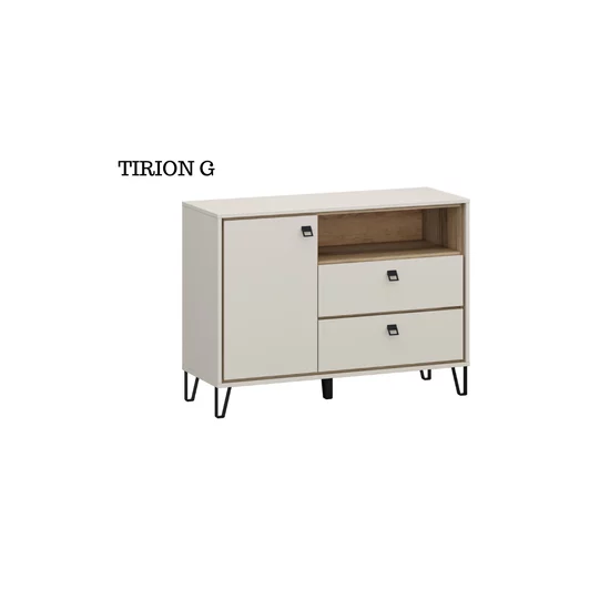 Set living Tirion, vitrine, comode și rafturi suspendate, PAL melaminat rezistent, design contemporan, 320x40x192 cm, finisaj stejar/gri picture - 6