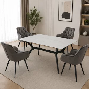 Set Masa Loly Snow White 140x80x75cm alba + 4 Fotolii Velvet