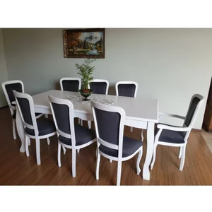 Set masă extensibilă + 8 scaune Padova, MDF/Lemn Fag, 200-300x100x78 cm, alb