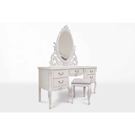 Set măsuță de toaletă + oglindă + taburet Milly, structură lemn masiv + PAL, design elegant, 160x55x80 cm, alb patinat picture - 2