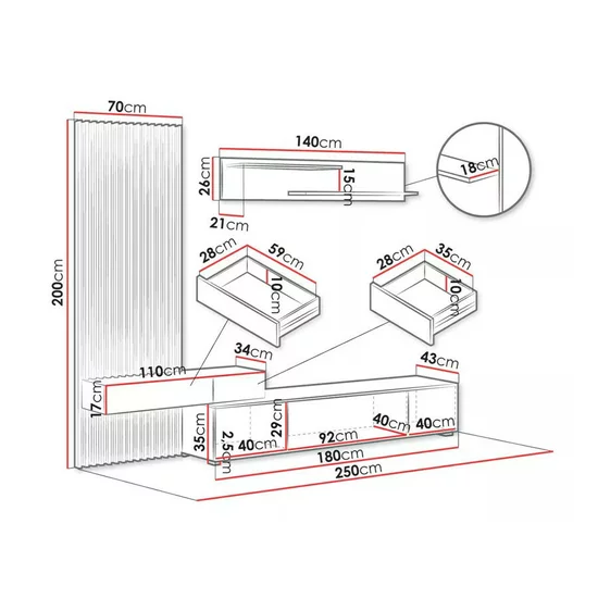 Set mobilă living Rebeca Plus cu riflaj, 250x43x200 cm, PAL 16 mm, stejar alb, stil modern picture - 5
