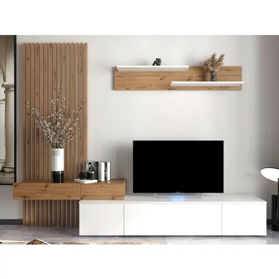 Set mobilă living Rebeca Plus cu riflaj, 250x43x200 cm, PAL 16 mm, stejar alb, stil modern picture - 2