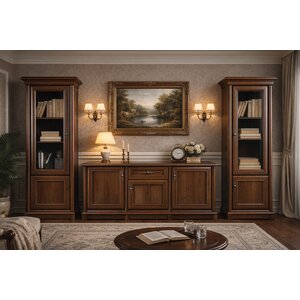 Set mobilă living Sonata, stil clasic, fronturi frezate, vitrine sticlă, PAL laminat + MDF, 295x45x205 cm