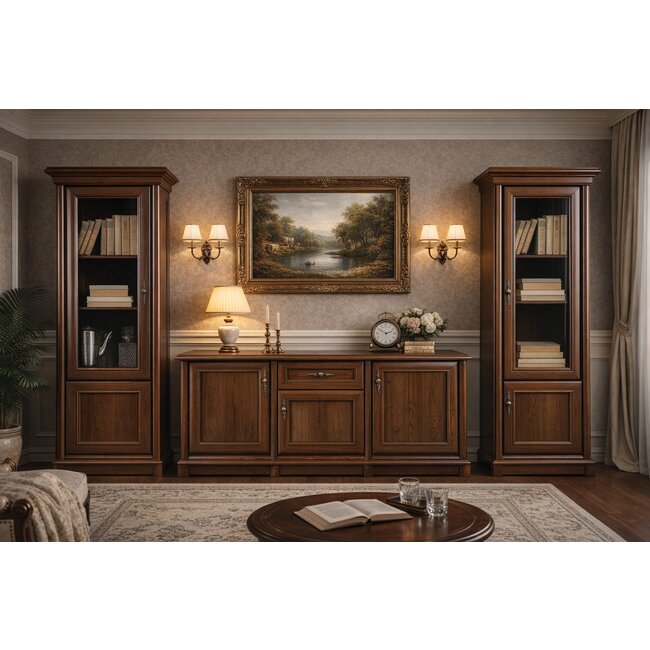 Set mobilă living Sonata, stil clasic, fronturi frezate, vitrine sticlă, PAL laminat + MDF, 295x45x205 cm