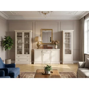 Set mobilă living Sonata New Cashmir, fronturi frezate, vitrine sticlă, PAL laminat + MDF