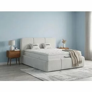 Set pat + Saltea Gratis tapițat Torra 140x200 cm crem cu somieră rabatabilă si  ladă depozitare
