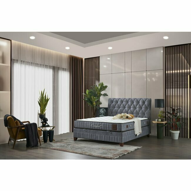 Set Pat + Saltea Comfort, ladă depozitare, somieră rabatabilă, topper confort, structură metal + lemn + PAL, tapițerie stofă premium, 140x200 cm, Gri