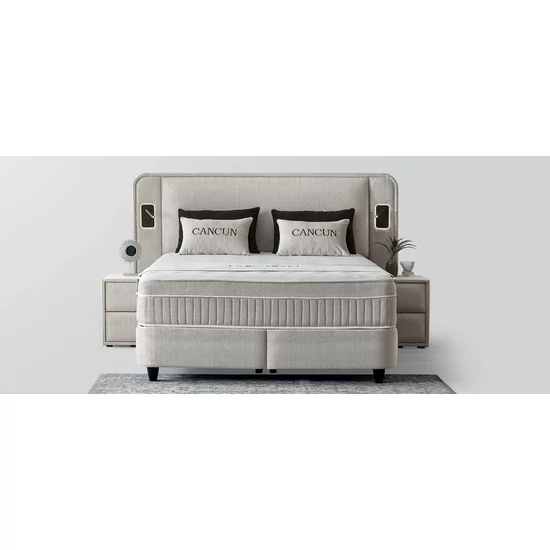 Set Pat + Saltea GRATIS Cancun Cu LED și Lada Depozitare, Stofă Symphony Pearl, 160x200 cm, Bej picture - 2