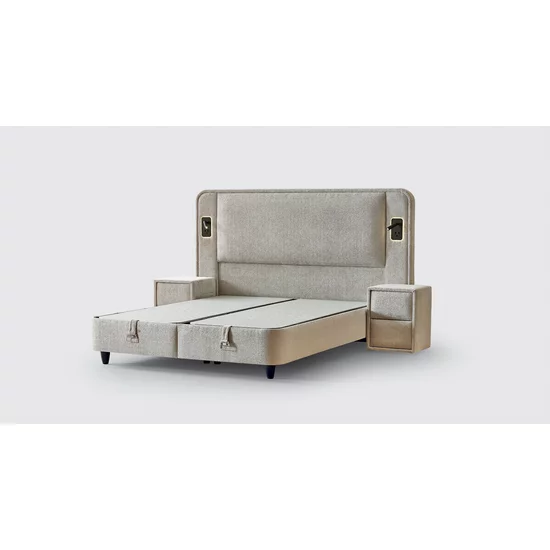 Set Pat + Saltea GRATIS Cancun Cu LED și Lada Depozitare, Stofă Symphony Pearl, 160x200 cm, Bej picture - 3