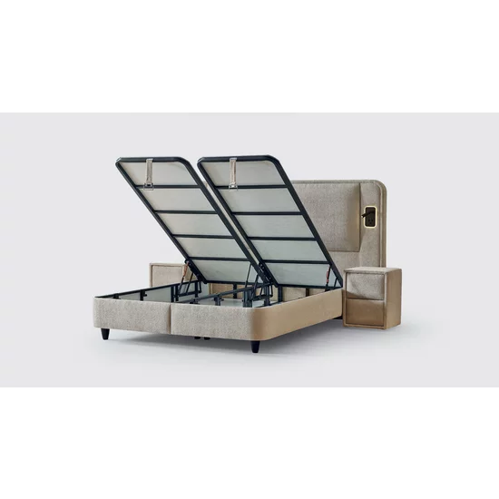 Set Pat + Saltea GRATIS Cancun Cu LED și Lada Depozitare, Stofă Symphony Pearl, 160x200 cm, Bej picture - 4