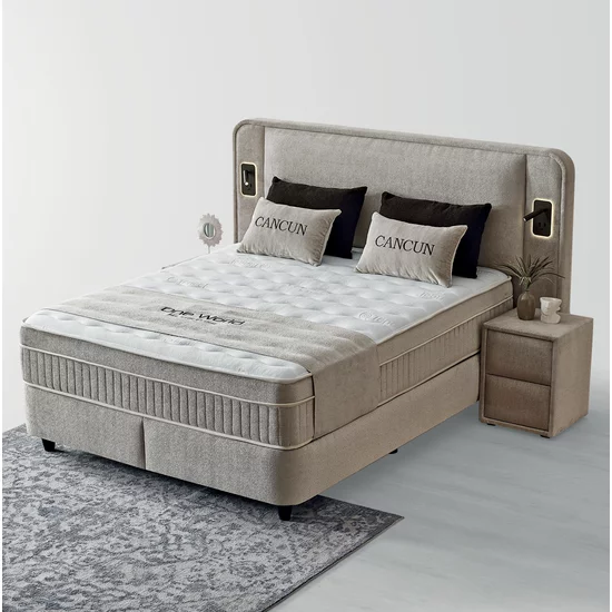 Set Pat + Saltea GRATIS Cancun Cu LED și Lada Depozitare, Stofă Symphony Pearl, 160x200 cm, Bej picture - 6