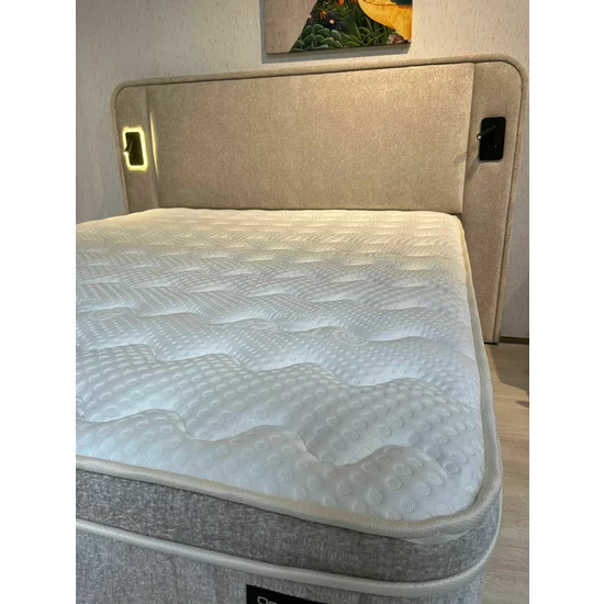 Set Pat + Saltea GRATIS Cancun Cu LED și Lada Depozitare, Stofă Symphony Pearl, 160x200 cm, Bej picture - 8