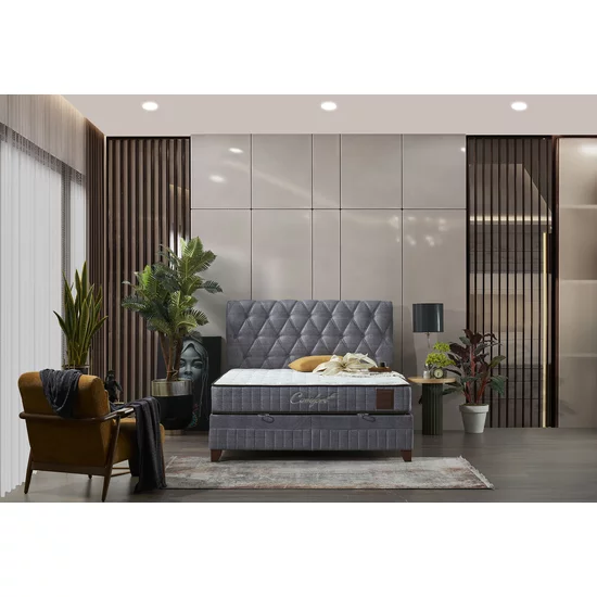 Pat + Saltea gratis Comfort, gri - 140x200 cm, ladă depozitare, somieră rabatabilă, topper confort, structură metal + lemn + PAL, tapițerie stofă premium picture - 2