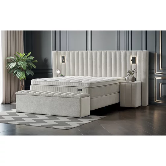 Set Pat + Saltea Gratis Florida Cu LED și Lada Depozitare, Stofă Symphony Pearl, 160x200 cm, Bej picture - 3