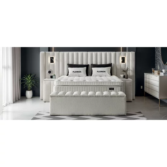 Set Pat + Saltea Gratis Florida Cu LED și Lada Depozitare, Stofă Symphony Pearl, 160x200 cm, Bej picture - 4