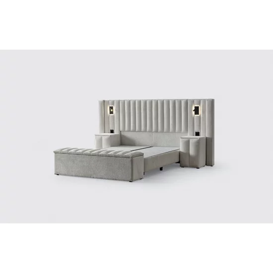 Set Pat + Saltea Gratis Florida Cu LED și Lada Depozitare, Stofă Symphony Pearl, 160x200 cm, Bej picture - 5