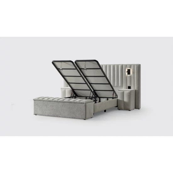 Set Pat + Saltea Gratis Florida Cu LED și Lada Depozitare, Stofă Symphony Pearl, 160x200 cm, Bej picture - 2