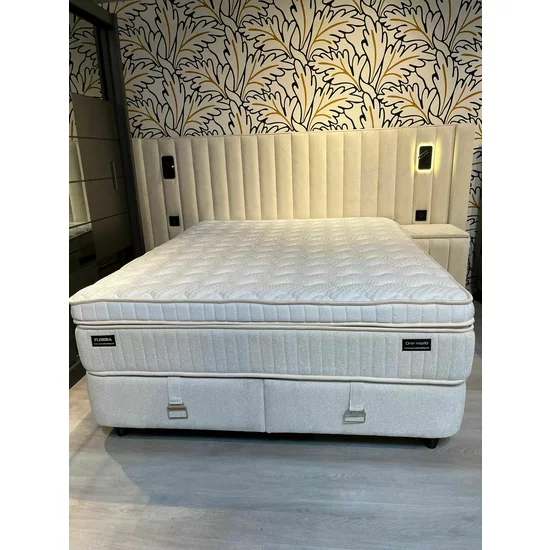 Set Pat + Saltea Gratis Florida Cu LED și Lada Depozitare, Stofă Symphony Pearl, 160x200 cm, Bej picture - 7