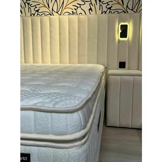 Set Pat + Saltea Gratis Florida Cu LED și Lada Depozitare, Stofă Symphony Pearl, 160x200 cm, Bej picture - 8