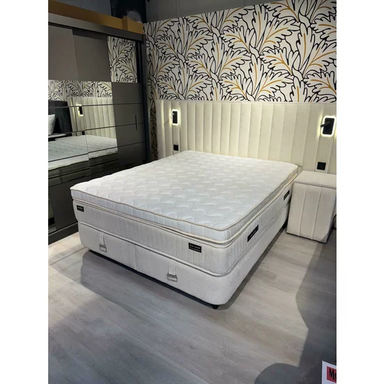 Set Pat + Saltea Gratis Florida Cu LED și Lada Depozitare, Stofă Symphony Pearl, 160x200 cm, Bej picture - 14