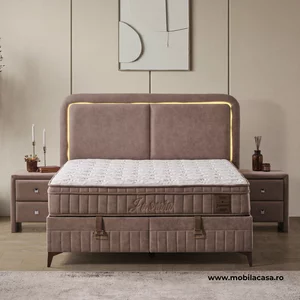 Set Pat + Saltea Gratis Jasmine 160x200 cm cu LED, Lada de Depozitare, Rabatabil,Taupe