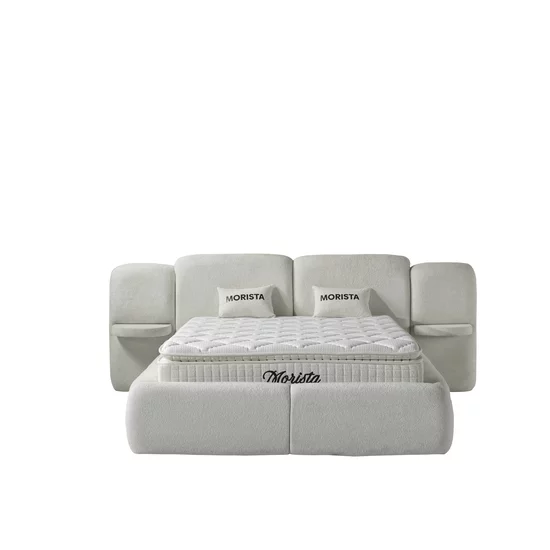 Set pat + Saltea Gratis ,tapițat Morista 200x200 cm crem cu somieră rabatabilă si ladă depozitare inclusă picture - 2