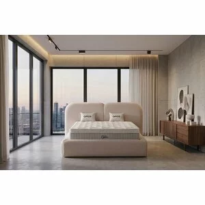 Set pat + Saltea Gratis tapițat Opios 180x200 cm crem cu somieră rabatabilă, ladă depozitare și saltea inclusă