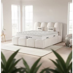 Set pat + Saltea Gratis tapițat Shakira 140x200 cm crem cu somieră rabatabilă si ladă depozitare