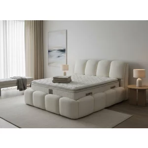 Set pat + Saltea Gratis tapițat Shakira 200x200 cm crem cu somieră rabatabilă si  ladă depozitare