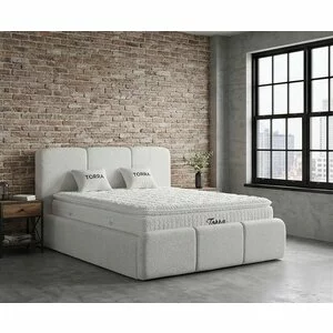 Set pat + Saltea Gratis tapițat Torra 180x200 cm crem cu somieră rabatabilă si  ladă depozitare