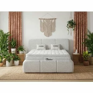 Set pat + Saltea Gratis tapițat Torra 160x200 cm crem cu somieră rabatabilă si  ladă depozitare