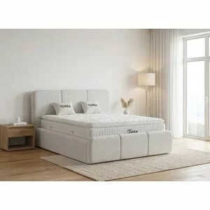 Set pat + Saltea Gratis tapițat Torra 200x200 cm crem cu somieră rabatabilă si  ladă depozitare