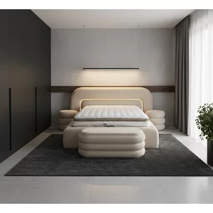 Set pat + Saltea Gratis ,tapițat Tosco 140x200 cm crem cu somieră rabatabilă si ladă depozitare