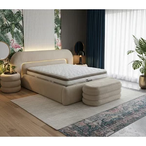Set pat + Saltea Gratis ,tapițat Tosco 200x200 cm crem cu somieră rabatabilă si ladă depozitare