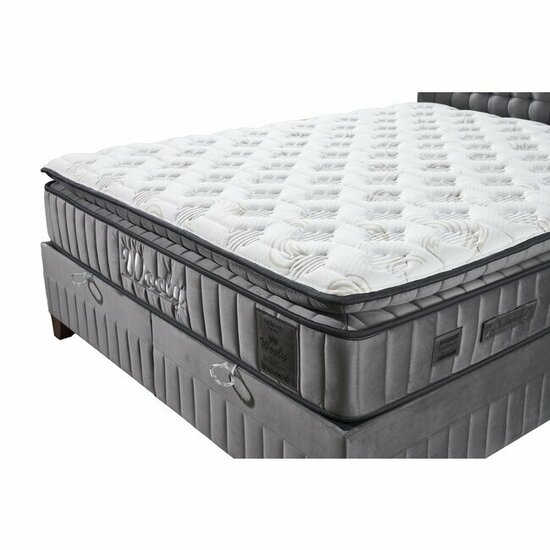 Set Pat + Saltea Wooly, ladă depozitare, design modern, topper inclus, structură metal + lemn + PAL, tapițerie stofă premium, 140x200 cm, Gri picture - 2