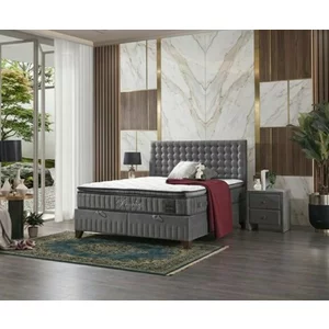 Set Pat + Saltea Wooly, ladă depozitare, design modern, topper inclus, structură metal + lemn + PAL, tapițerie stofă premium, 180x200 cm, Gri