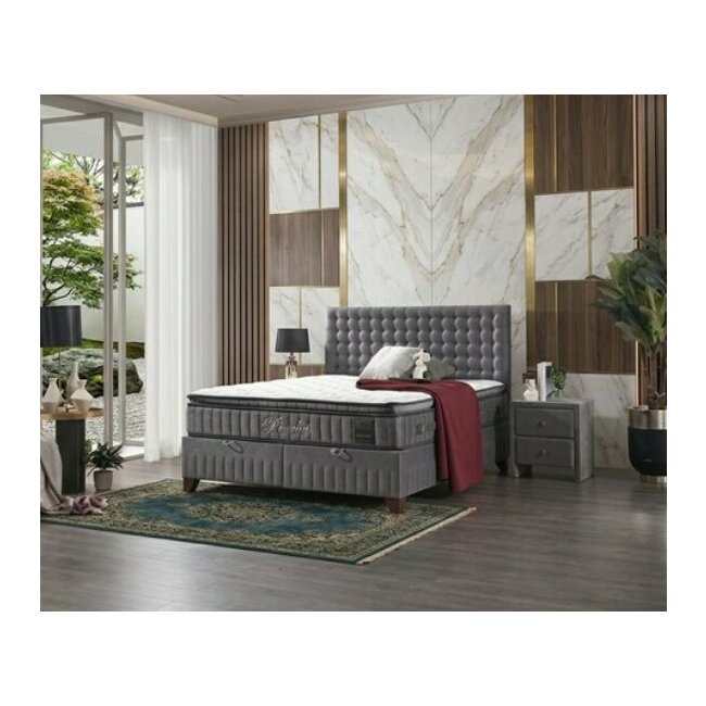 Set Pat + Saltea Wooly, ladă depozitare, design modern, topper inclus, structură metal + lemn + PAL, tapițerie stofă premium, 180x200 cm, Gri