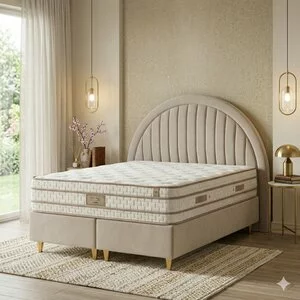 Set pat +Saltea Gratis Moon 200x200 cm  tapițat crem cu somieră rabatabilă  si ladă depozitare