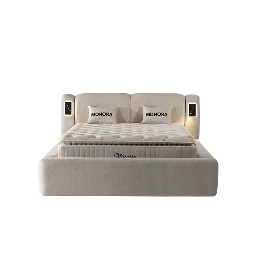 Set pat +Saltea Gratis , tapițat Monora 140x200 cm crem cu somieră rabatabilă si ladă depozitare picture - 3