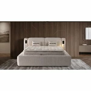 Set pat +Saltea Gratis , tapițat Monora 180x200 cm crem cu somieră rabatabilă si  ladă depozitare