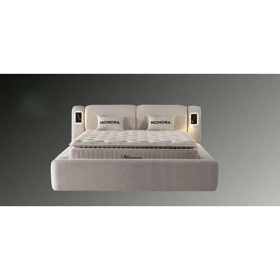 Set pat +Saltea Gratis tapițat Monora 200x200 cm crem cu somieră rabatabilă si ladă depozitare picture - 2