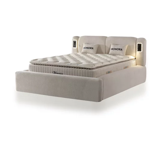 Set pat +Saltea Gratis tapițat Monora 200x200 cm crem cu somieră rabatabilă si ladă depozitare picture - 3