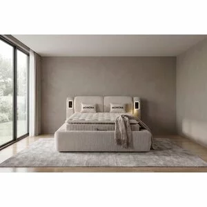 Set pat +Saltea Gratis tapițat Monora 200x200 cm crem cu somieră rabatabilă si ladă depozitare