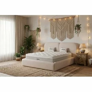 Set pat +Saltea Gratis tapițat Opios 200x200 cm crem cu somieră rabatabilă si ladă depozitare