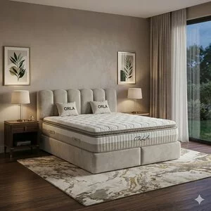 Set pat +Saltea Gratis tapițat Orla 180x200 cm crem cu somieră rabatabilă, ladă depozitare