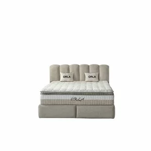 Set pat +Saltea Gratis tapițat Orla 200x200 cm crem cu somieră rabatabilă, ladă depozitare