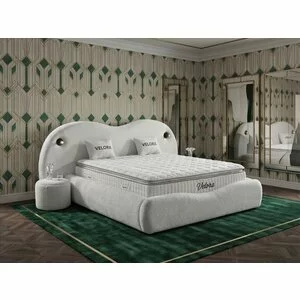 Set pat +Saltea Gratis tapițat Velora 140x200 cm crem cu somieră rabatabilă si ladă depozitare