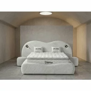 Set pat +Saltea Gratis tapițat Velora 180x200 cm crem cu somieră rabatabilă, ladă depozitare