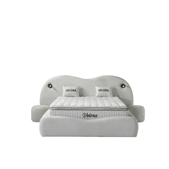 Set pat +Saltea Gratuita ,tapițat Velora 200x200 cm crem cu somieră rabatabilă, ladă depozitare și saltea inclusă picture - 3